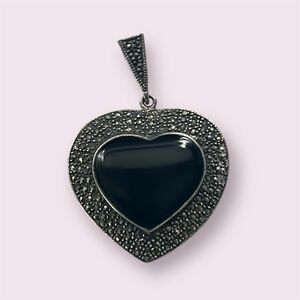 Vintage Sterling Silver 925 Onyx and Marcasite Heart Pendant